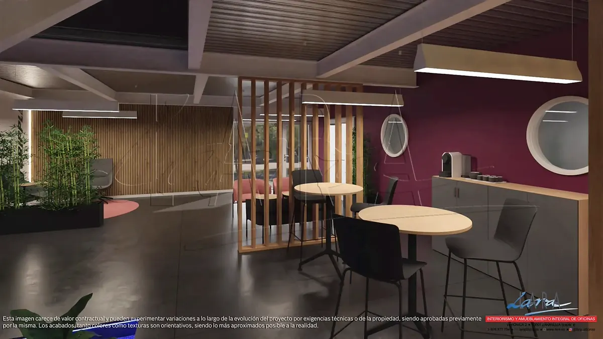 Infografía del proyecto: mesas altas, celosía de madera y office
