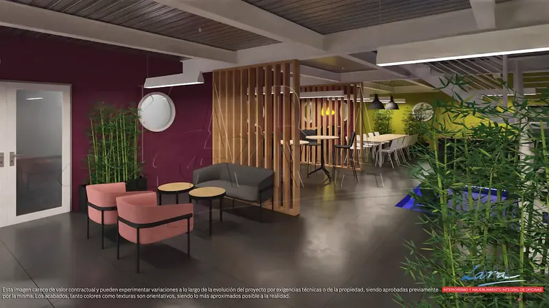 Infografía del proyecto: zona de descanso con butacas y celosía de madera